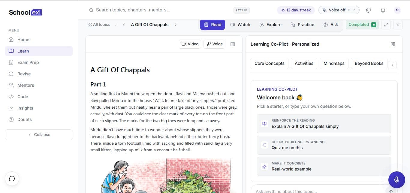 SchoolExl Learning Center — chapter reading with personalised Co-Pilot